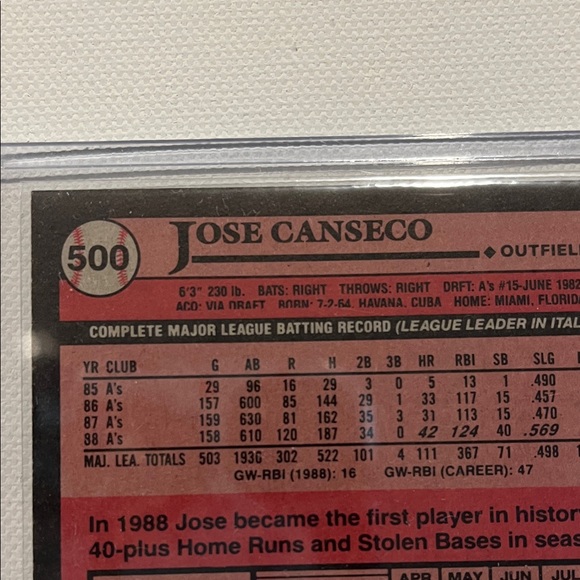 1989 Topps Jose Canseco #500 Misprinted / Cutoff on stats - Picture 3 of 3